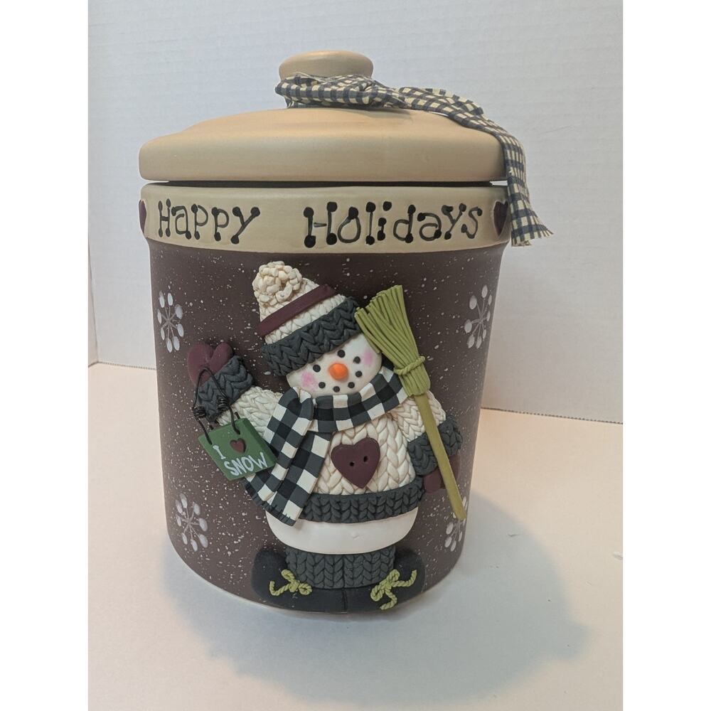 Snowman Happy Holidays 3D Ceramic Canister Cookie Jar Snowflake with Lid